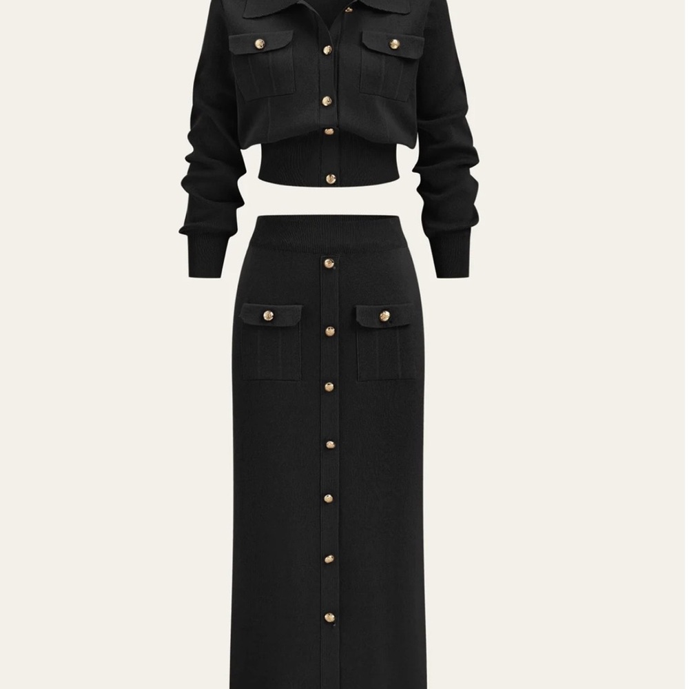 Metal Button Collard Cardigan and Midi Skirt Set Black Extra Large